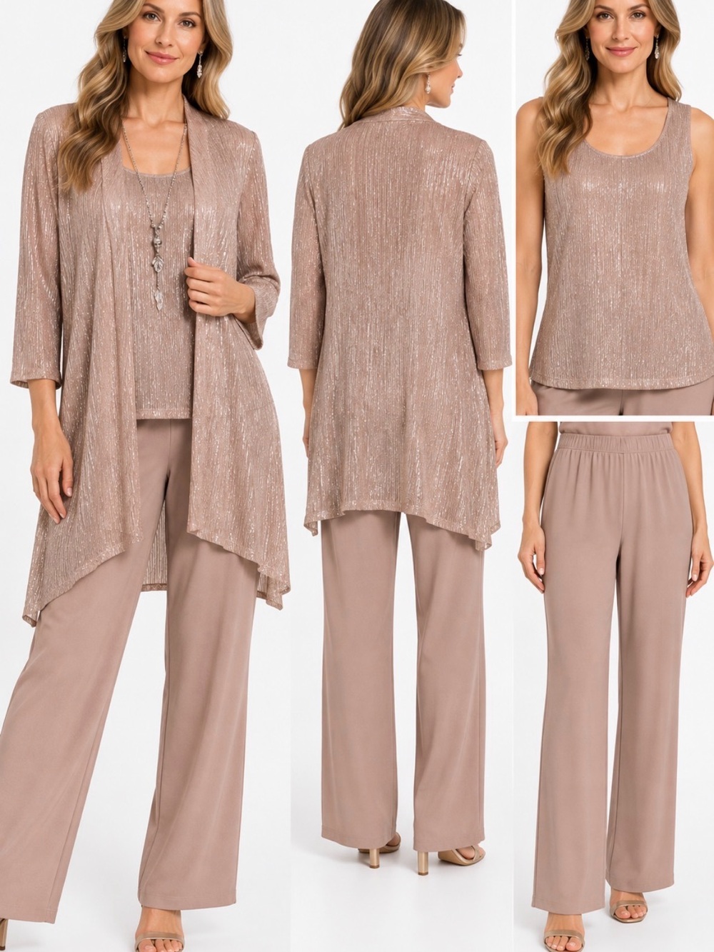 NWT R&M Richards Size 14 Blush Metallic 3 Piece Pant Suit Formal Set